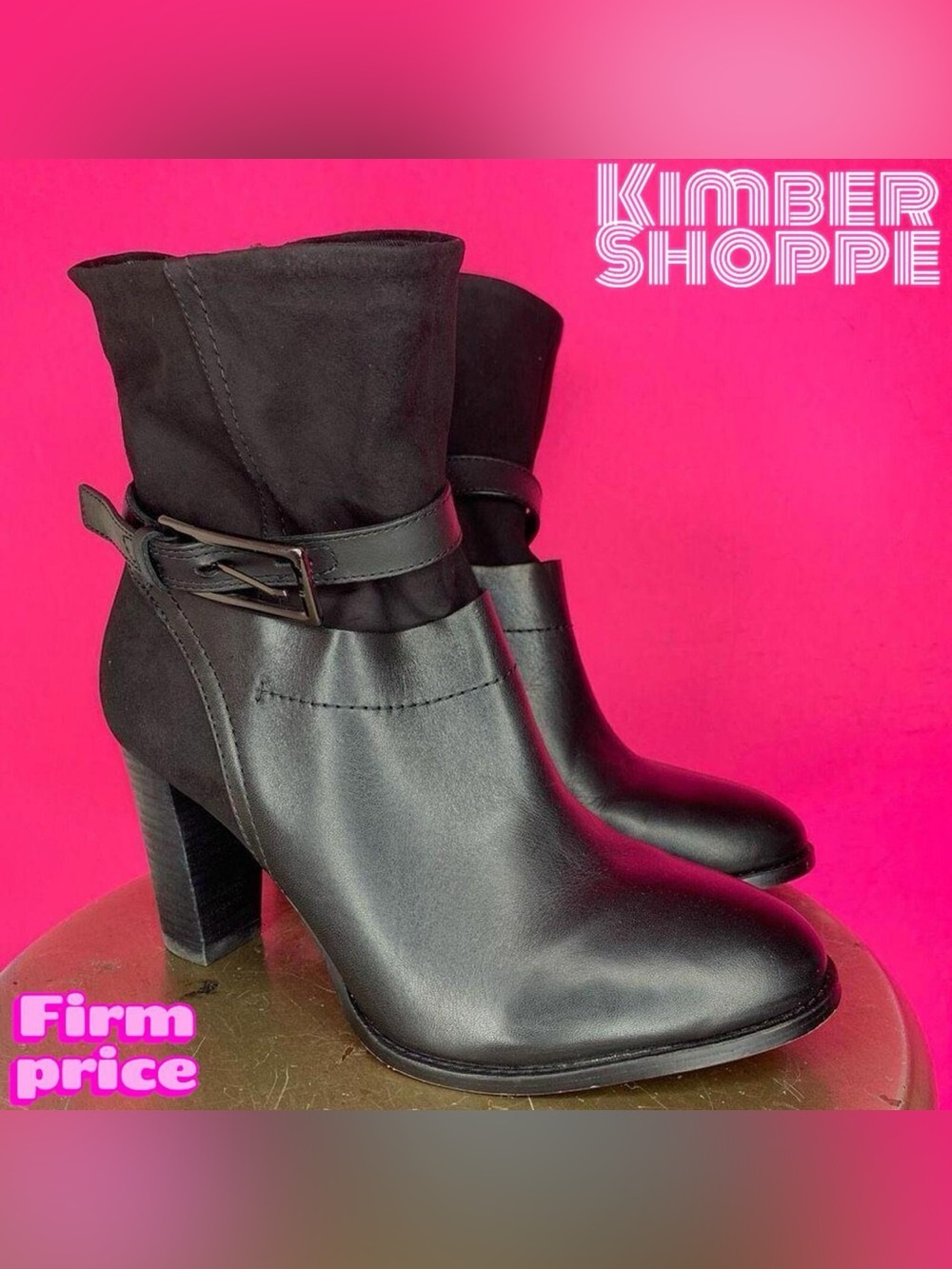 Clarks Kacia Garnet Black Leather Suede Side Buckle Heeled Boots US 8.5 UK 6